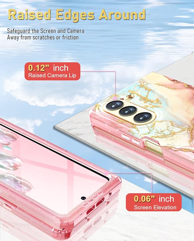Btscase for Samsung Galaxy Z Fold 5 Case,Built in Front Screen Protector,Gold Glitter Marble Pattern Hard PC Slim Shockproof Full Body Drop Protective Case for Galaxy Z Fold 5 5G, Rose Gold