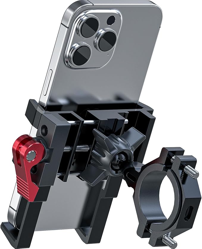 Tiakia Bike Phone Mount Holder, Aluminum Motorcycle Phone Mount, Handlebar Mounted Cell Phone Holder for Bike, 360° Rotation, Universal Bicycle Phone Mount for 4.5-7 Inch Phones (Upgrade-Black Red)