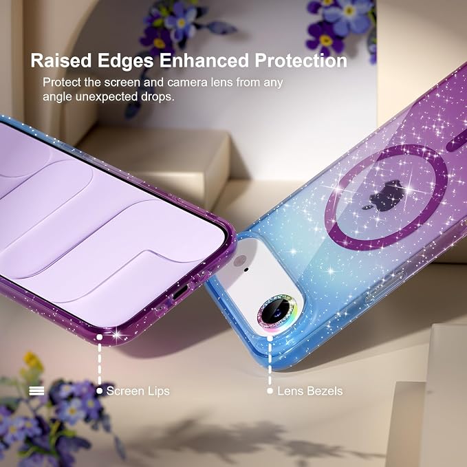 Choiche Magnetic for iPhone 17 Air Case Compatible with MagSafe, Women Cute Glitter Sparkly Phone Case with Diamond Camera Lens Protectors, Military-Grade Drop Protection 6.5" (Blue/Purple)