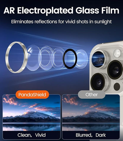 PandaShield 2-Pack Anti-Reflection Camera Lens Protector for iPhone 17/16/15 Pro & Pro Max, Easy Installation,Anti-Scratch,9H Hardness,98% Ultra Clarity,Maintains Original Lens Design-Natural Titanium
