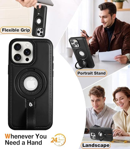for iPhone 15 Leather Case with Stand, Anti-Slip Grip Ring, Fits for MagSafe (Black, iPhone 15)