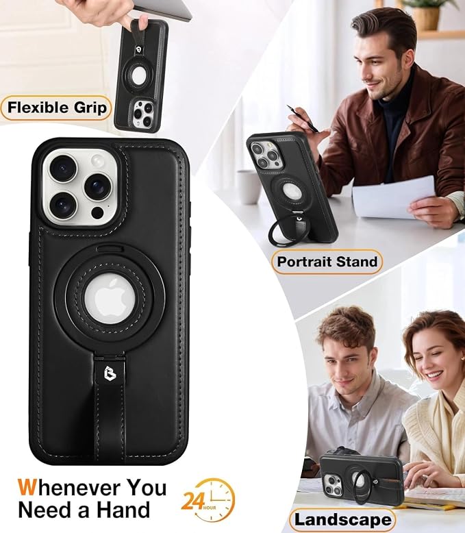 for iPhone 15 Plus/iPhone 14 Plus Leather Case with Stand, Anti-Slip Grip Ring, Fits for MagSafe (Black, iPhone 15/14 Plus)