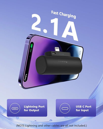 Miady 2-Pack Mini Portable Charger Built-in Connector Compact Battery Pack | 5000mAh PowerBank丨Not for Android丨Lightweight丨for Travel丨Compatible with iPhone 14/13 Series丨Flight-Safe丨18Wh丨Black+Black