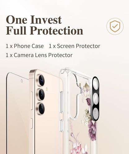 GVIEWIN for Samsung Galaxy S25 Case, Clear Floral Slim Shockproof Protective Women Phone Case, Non-Yellowing, with Screen Protector & Camera Lens Protector for Galaxy S25 6.2", Cherry Blossoms