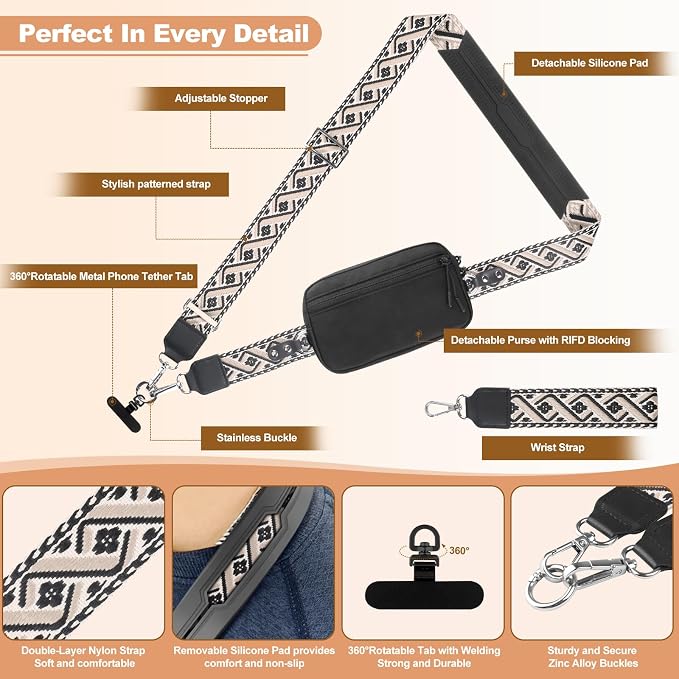 YFWE Clip and Go Strap for Phone with Wallet Crossbody, Adjustable Phone Lanyard with Detachable RFID Wristlet Wallet, Pattern Strap - Black (L)