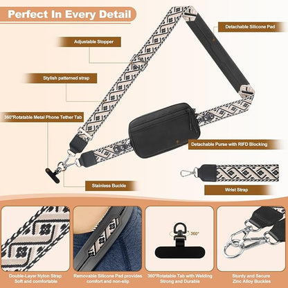 YFWE Clip and Go Strap for Phone with Wallet Crossbody, Adjustable Phone Lanyard with Detachable RFID Wristlet Wallet, Pattern Strap - Black (L)