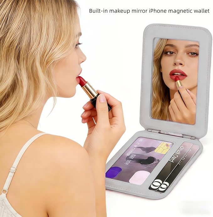 Upgraded for Magsafe Wallet, Strong Magnetic Phone Wallet with Adjustable Stand, Built in Makeup Mirror, 5 Card Holder, RFID Blocking (Grey Fold)