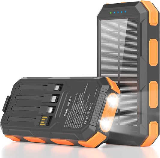 Solar Charger Power Bank 38800mAh, PD 22.5W USB-C Fast Charging Portable Charger with 4 Built-in Cables, External Battery Pack with Dual LED Emergency Flashlights for Camping, Hiking, Outdoor Use
