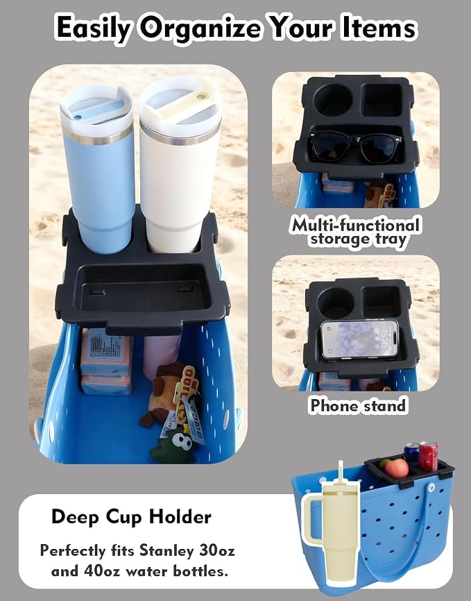 Top Cup Phone Holder Tray Storage Lid for Stanley Compatible with Bogg Bag XL Cover, Cup Organizer Holder Waterproof Silicone Multifunctional Storage Box for Outdoor Beath Camping Travel (Black, L)
