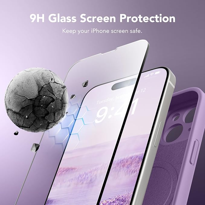 Magnetic for iPhone 15 Case, Compatible with MagSafe, [Screen Protector + Full Camera Protection], Silicone Shockproof Anti-Scratch Protective Phone Case for iPhone 15 6.1", Light Purple