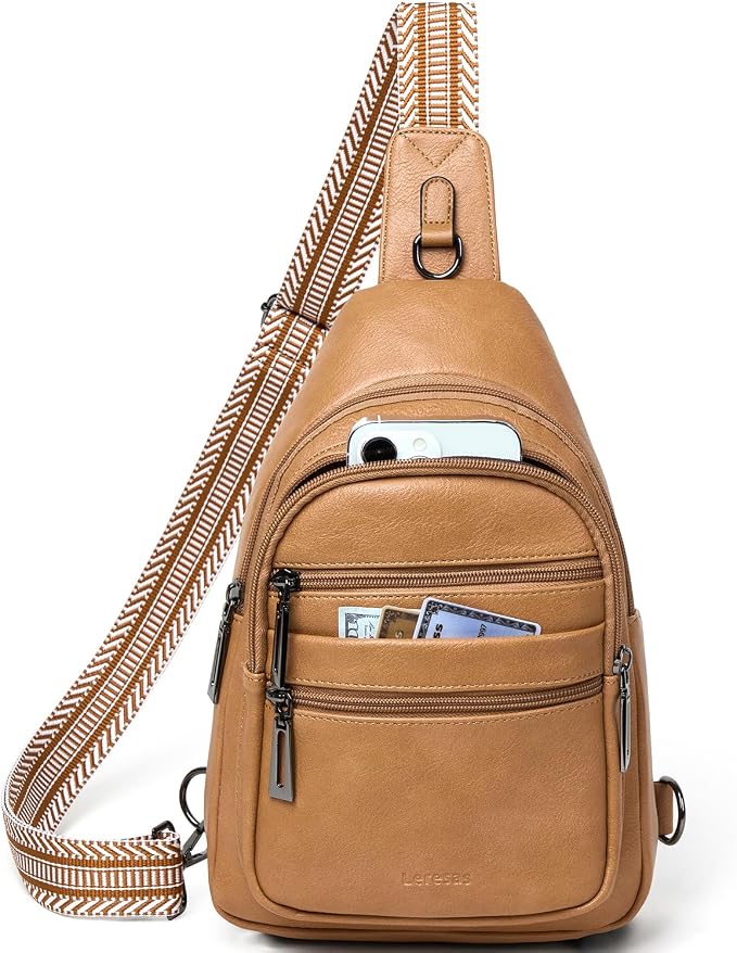 Leresas Sling Bag for Women Cross Body Purse Fanny Pack Sling Backpack Vegan Leather Over Shoulder Crossbody Handbag Travel Gifts Tan
