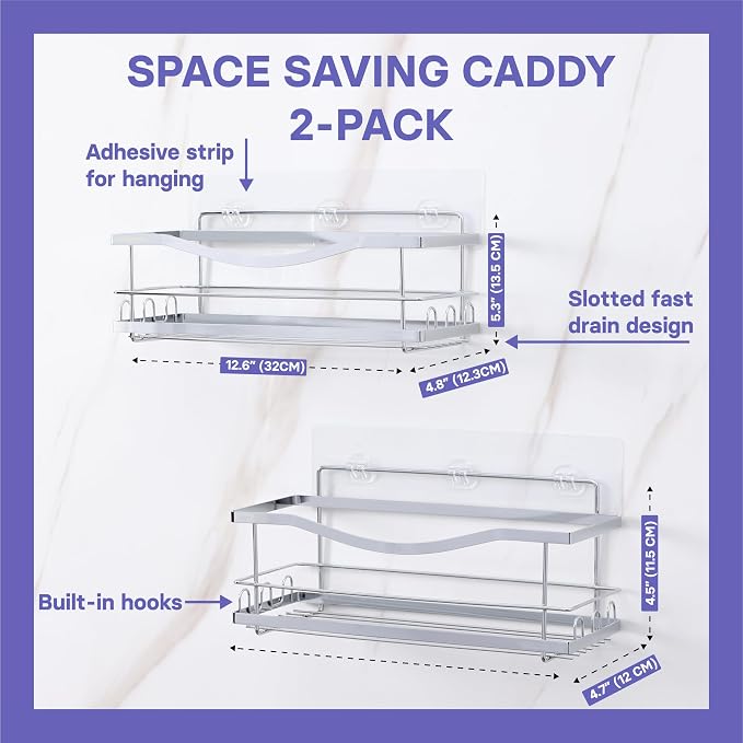 KINCMAX Iron Shower Caddies - Self Adhesive Bathroom Shelves for Showers - Wall Organizer Shampoo Holder Shelf - Peel and Stick On Caddy Bath Tub Rack - Pack of 2 Holders - Silver