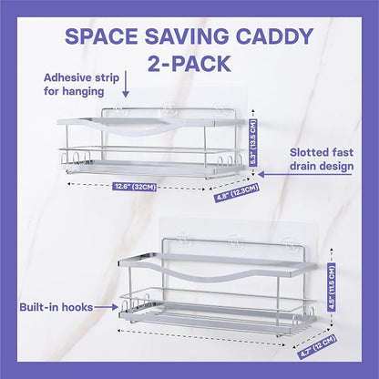 KINCMAX Iron Shower Caddies - Self Adhesive Bathroom Shelves for Showers - Wall Organizer Shampoo Holder Shelf - Peel and Stick On Caddy Bath Tub Rack - Pack of 2 Holders - Silver