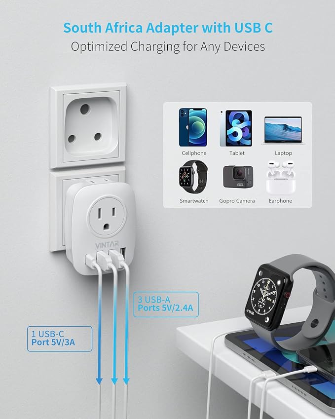 2 Pack South Africa Plug Adapter, VINTAR Type M Plug Adapter with 1 USB C, 3 USB Ports and 2 American Outlets, 6 in 1 Travel Adapter for US to Namibia, Nepal, Botswana