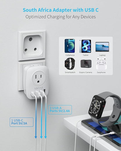 2 Pack South Africa Plug Adapter, VINTAR Type M Plug Adapter with 1 USB C, 3 USB Ports and 2 American Outlets, 6 in 1 Travel Adapter for US to Namibia, Nepal, Botswana
