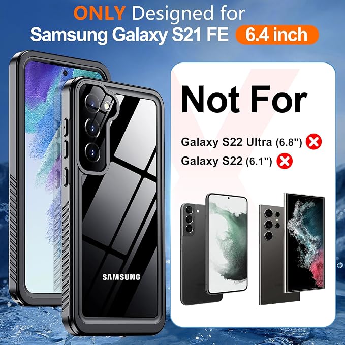Hualele for Samsung Galaxy S21 FE Case Waterproof, Built in Lens & Screen Protector Rugged Full Body Protective Military Grade Drop Protection IP68 Underwater Cover Case for Galaxy S21 FE 5G Black
