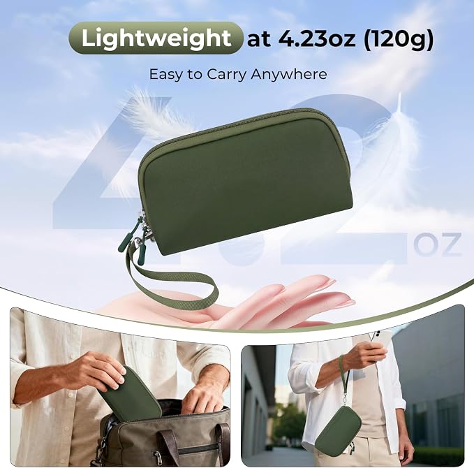 FYY Travel Cable Organizer - 8 Compartments, Lightweight, Water Repellent | With Wrist Strap, Portable Tech Pouch for Cord Charger, Travel and Business Trips Use, Soft Shell Nylon, Green (Medium)