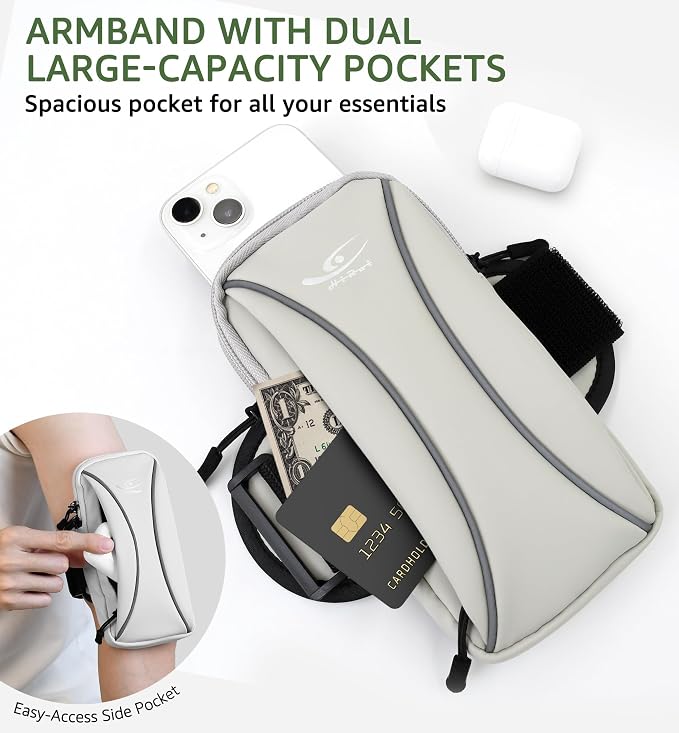 HiRui Arm Bag & Wrist Bag Phone Holder, Sports Running Armband for Gym, Cycling & Workout, Compatible with iPhone 17/16/15 Series, Samsung Galaxy & More, Reflective, Adjustable, Secure Fit (Gray)
