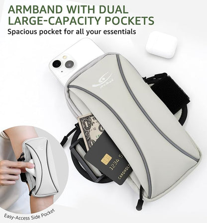 HiRui Arm Bag & Wrist Bag Phone Holder, Sports Running Armband for Gym, Cycling & Workout, Compatible with iPhone 17/16/15 Series, Samsung Galaxy & More, Reflective, Adjustable, Secure Fit (Gray)