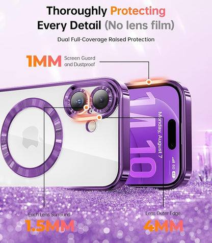Meifigno Designed for iPhone 17 Case with Ring Stand (6.3"), [Built-in Mirror] [Compatible with MagSafe] [Glitter Card & Wrist Strap] Removable Phone Stand +Designed for iPhone 17 Case, Purple