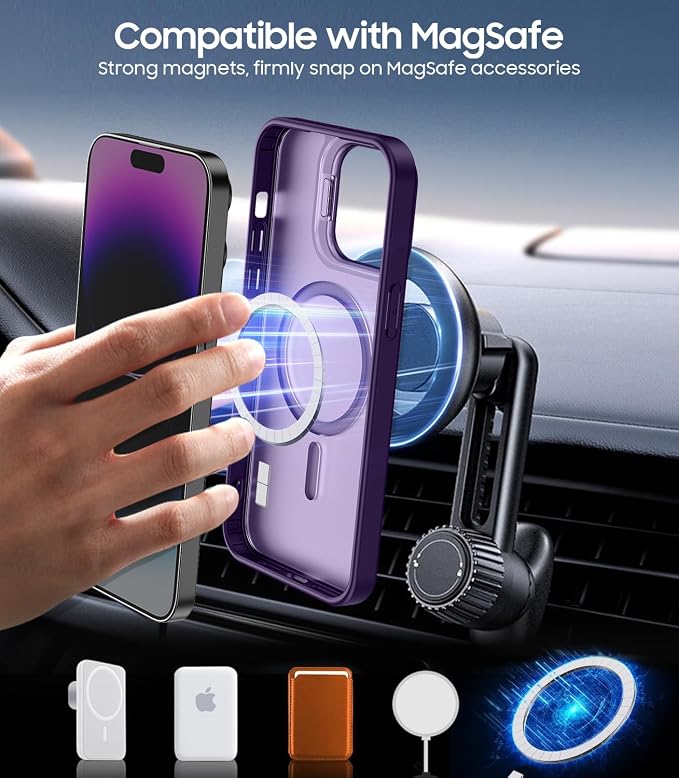 for iPhone 14 Pro Max Case, Compatible with MagSafe, Built-in Camera Ring Stand, with Individual Camera Cover, Translucent Matte Military-Grade Drop Protection Magnetic Case, Purple