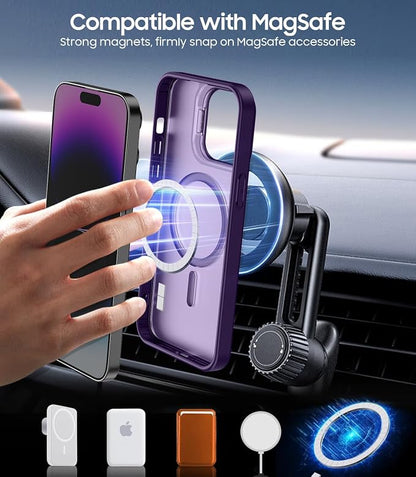 for iPhone 14 Pro Max Case, Compatible with MagSafe, Built-in Camera Ring Stand, with Individual Camera Cover, Translucent Matte Military-Grade Drop Protection Magnetic Case, Purple