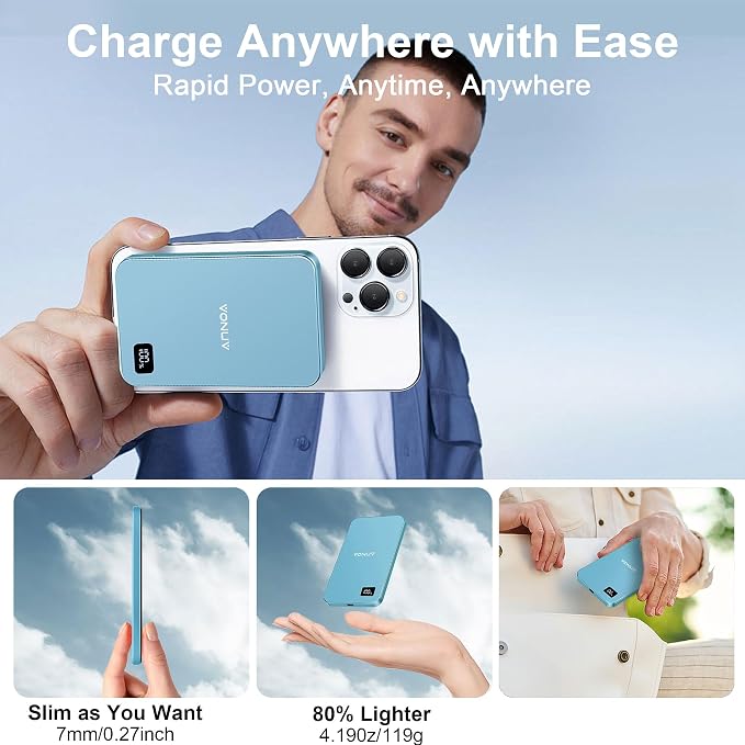 Magnetic Portable Charger 5000mAh, 15W Ultra Slim Wireless Portable Charger, Fast Charging for iPhone 17/16/15/14/13/12 Pro/Pro Max/Plus, Metal Shell, USB-C Cable to Charge Other Phones (Blue)