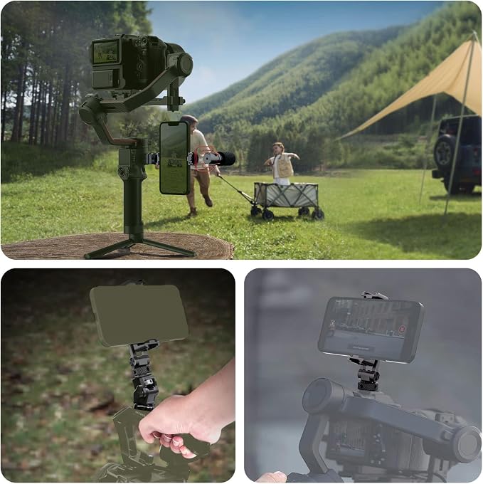 NEEWER Metal Phone Tripod Mount with Cold Shoe NATO Clamp Compatible with DJI RS5 RS4 RS3 Pro RS2 RSC2 Gimbal Stabilizer, 180° Tilt Phone Clip Holder Compatible with iPhone 15 Pro Camera Cage, GA010