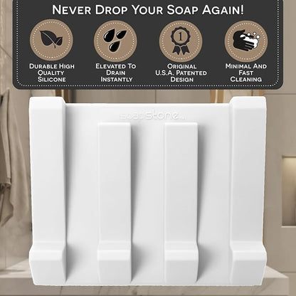 Silicone Soap Dish (USA Patented) Self Draining Bar Soap Holder for Shower Bathroom Sink, Drying Soap Dish Tray Kitchen Sponge Holder Easy Cleaning Soap Saver Mat (Pure White, 2)