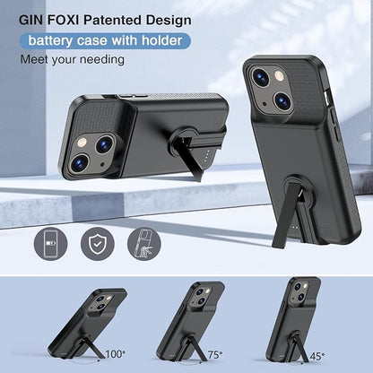 GIN FOXI Battery Case for iPhone 15/15 Pro, Rechargeable Charging Case with Stand 7000mAh Ultra-Slim Anti-Fall Protection Extended Battery Pack Juice Box for iPhone 15/15 Pro 6.1" Black