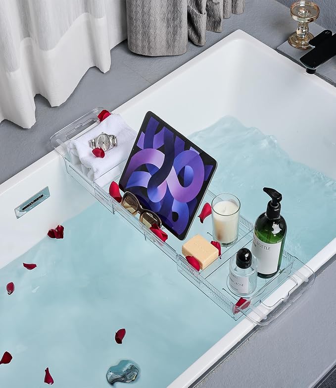 Bathtub Caddy Tray,Adjustable Bathtub Tray Table, Bath Organizer for Relaxing Spa-Features 2 Cup Holders, A Phone Stand with 5 Angle Adjustments,Non-Slip Silicone Pads,Won't Get Moldy,Easy to Clean.