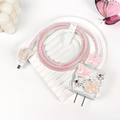 Lovmooful Compatible for iPhone 18W/20W USB-C Charger Cover Clear Lovely 3D Butterfly Waves Design Soft Charger Protector Cute Cable Case Saver Protector for Girls Women-Pink Butterfly