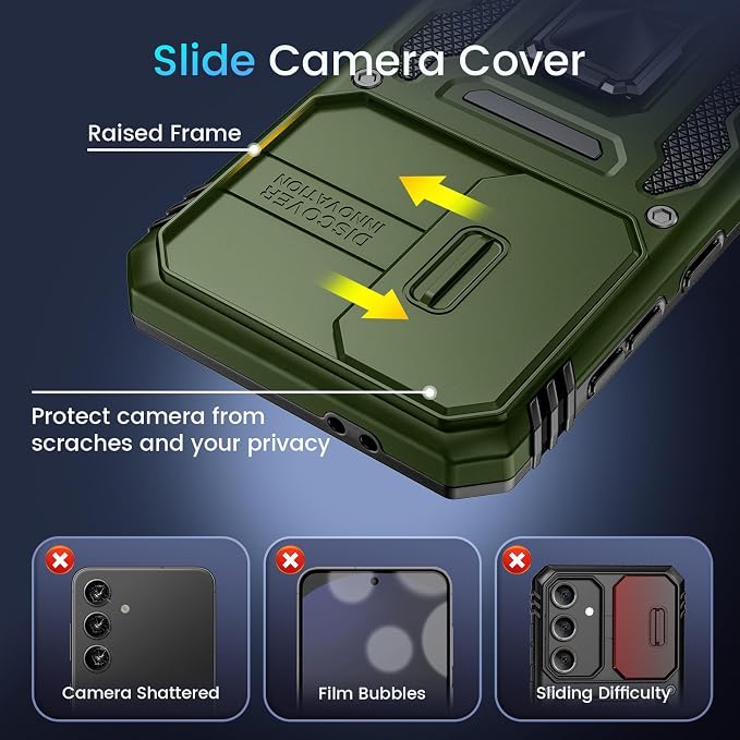 Caka for Samsung Galaxy S24 FE Case [HD Screen Protector] [Full Camera Lens Cover] [360°Rotated Kickstand Ring] [Heavy Duty Protection] Hard Rugged Protective Phone Cover for S24 FE - Olive Gren
