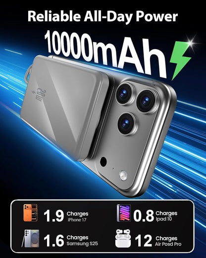 golioklsy Portable Charger Power Bank, 10000mAh Phone Charger with Built-in Cable, 20W PD Fast Charging, Slim Battery Pack with LED Display, Travel Essential for iPhone 17/16/15/14 All Series, Grey
