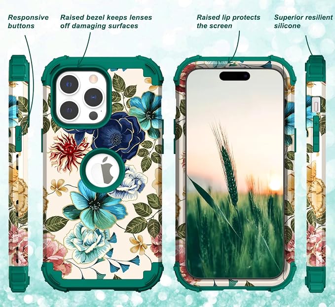 Hocase for iPhone 14 Pro Max Case, Heavy Duty Shockproof Protection Soft Silicone Rubber+Hard Plastic Bumpers Hybrid Protective Case for iPhone 14 Pro Max 2022 - Teal Flowers