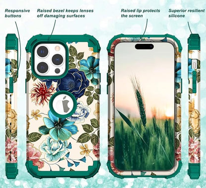 Hocase for iPhone 15 Pro Case, Heavy Duty Shockproof Protection Soft Silicone Rubber Bumper+Hard Plastic Hybrid Protective Case for iPhone 15 Pro 6.1" 2023 - Teal Flowers