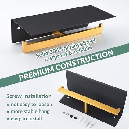 APLusee Double Toilet Paper Holder with Phone Shelf, 304 Stainless Steel Bathroom Tissue Hanger, Wall Mounted Dual Roll Paper Dispenser, Black & Gold