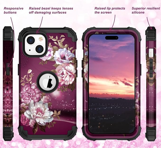 Hocase for iPhone 15 Case, Heavy Duty Shockproof Protection Soft Silicone Rubber Bumper+Hard Plastic Hybrid Protective Case for iPhone 15 (6.1" Display) 2023 - Royal Purple Flowers