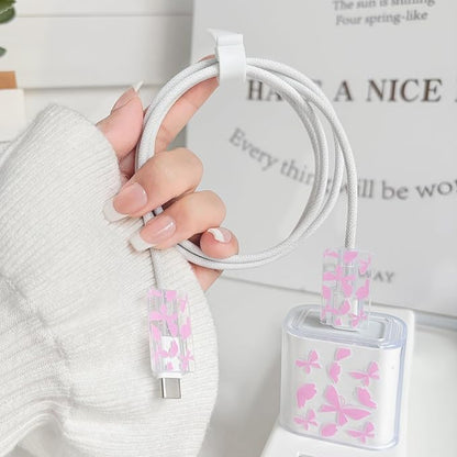 Lovmooful Compatible for iPhone 18W/20W USB-C Charger Cover Clear Lovely Butterfly Design Soft Charger Protector Cute Cable Case Saver Protector for Girls Women-Pink Butterfly