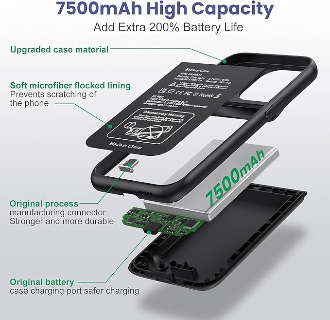 Feob Battery Case for iPhone 15 Pro, [2025 Upgraded] 7500mAh Portable Charging Case Rechargeable Protective Ultra-Slim Charger case Only for iPhone 15Pro (6.1 Inch), Black