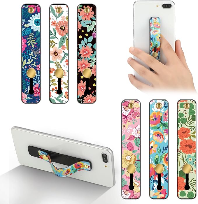 Weewooday 6 Pieces Phone Grip Holder Cell Phone Grip Strap Telescopic Finger Strap Stand Universal Finger Kickstand for Most Smartphones(Floral Color)