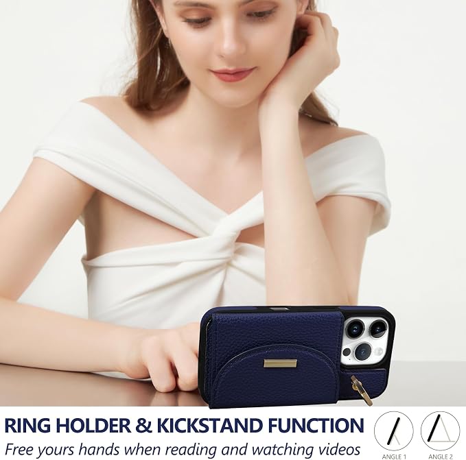 Keallce Wallet Case for iPhone 16 Pro Max 6.9'', Flip Case with Card Slots, Ring Holder Kickstand, PU Leather Protective Folio Cover for Women, Navyblue