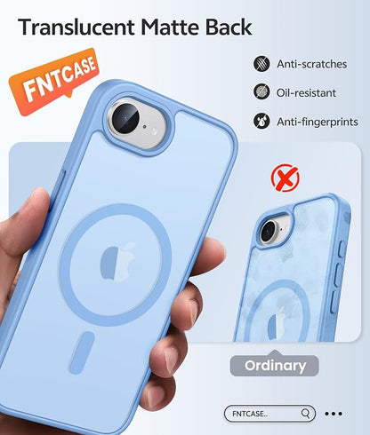 FNTCASE for iPhone 17e Case: iPhone 16e Phone Case [Compatible with Magsafe] Translucent Matte Cases with [Screen Protector] Military Grade Shockproof Protective Phone Cover - Light Blue