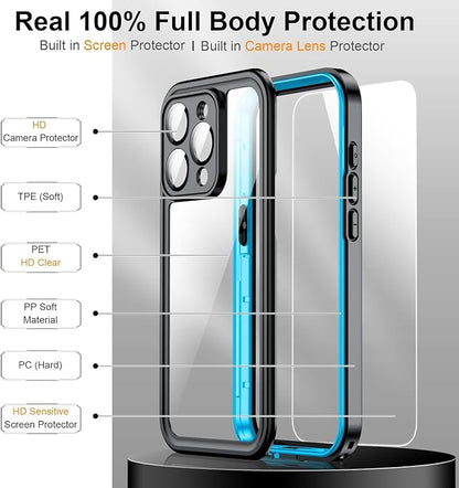 Temdan for iPhone 15 Pro Case Waterproof, [Built-in Screen Protector][IP68 Underwater][15FT Military Dropproof][Dustproof][Real 360] Full Body Shockproof Protective Phone Case 6.1'' - Blue/Clear