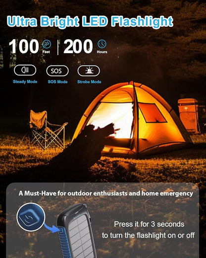 Solar Power Bank 20000mAh Portable Charger 15W Fast Charging with USB-A USB-C Ports Battery Bank Compatible with iPhone, Waterproof, Emergency LED Flashlights for Camping, Hiking Blue | 3 Ports Fast Charging External Battery Pack with USB C for Phones ...