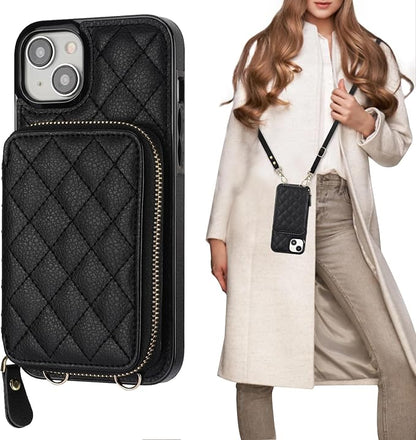 Bocasal Crossbody Wallet Case for iPhone 15 Plus, RFID Blocking PU Leather Zipper Handbag Purse Flip Cover, Kickstand Folio Case with Card Slots Holder Wrist Strap Lanyard 5G 6.7 Inch (Black)