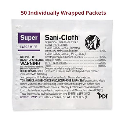 PDI Super Sani-Cloth Germicidal Disposable Wipe, Large, Individual, 5" x 8"