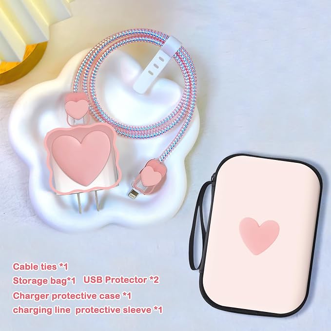 CameCosy DIY Phone Charger Case Storage Sets Earphone Wire Saver Cable Protector with Travel Storage Bag, Soft Cute Cable Charger Protector Cord Organizer for iPhone (Pink Love Heart)