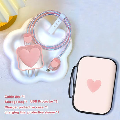 CameCosy DIY Phone Charger Case Storage Sets Earphone Wire Saver Cable Protector with Travel Storage Bag, Soft Cute Cable Charger Protector Cord Organizer for iPhone (Pink Love Heart)