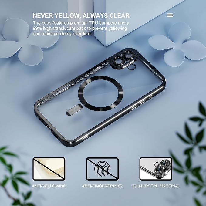 Misea Magnetic for iPhone 16 Case Compatible with MagSafe [Never Yellowing] [Military Grade Drop Protection] Full Camera Lens Protector Plating Soft Clear Phone Case for Women 6.1 inch, Black
